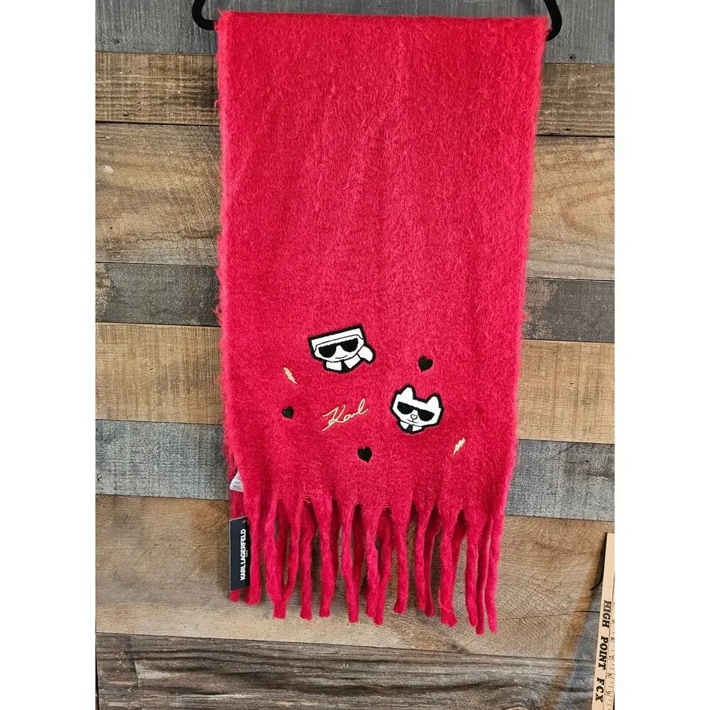 Karl Lagerfeld Paris Blanket Scarf /Wrap Embroidered Cat Choupette Fringed NWT
